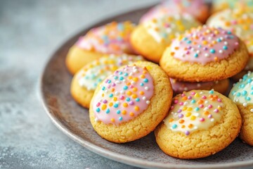 Wall Mural - Plate of colorful cookies with sprinkles on top. The cookies are arranged in a neat stack, and the plate is placed on a counter. Concept of fun and indulgence, as the colorful sprinkles