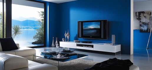 Wall Mural - Modern living room with a view, featuring sleek furniture and decor.