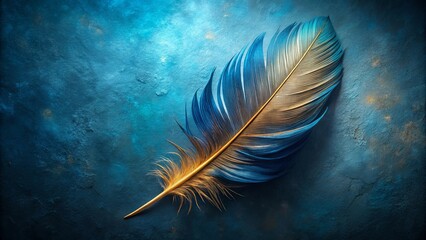 A single, elegant feather with blue and gold hues rests on a textured dark blue surface.