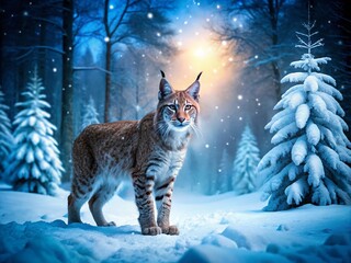 Poster - Majestic Lynx Roaming Through a Snowy Forest Under Moonlight at Night - Winter Wildlife Photography of a Lynx in its Natural Habitat