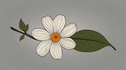 Wall Mural - Simple white flower with green leaves on gray background.