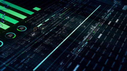 Fototapete - Futuristic network simulation blending AI, quantum physics, and deep learning, with a particle matrix analyzing data in a sleek, HUD-style interface