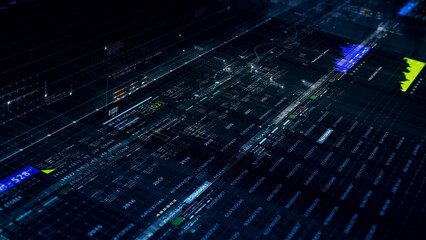 Fototapete - Futuristic network simulation blending AI, quantum physics, and deep learning, with a particle matrix analyzing data in a sleek, HUD-style interface