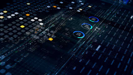 Fototapete - Futuristic network simulation blending AI, quantum physics, and deep learning, with a particle matrix analyzing data in a sleek, HUD-style interface