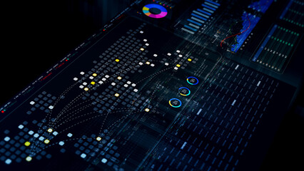 Fototapete - Futuristic network simulation blending AI, quantum physics, and deep learning, with a particle matrix analyzing data in a sleek, HUD-style interface