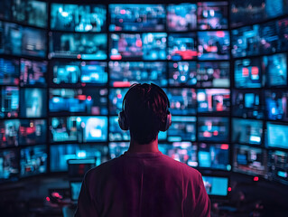 Aufkleber - A person monitors multiple screens displaying data and visuals in a tech-focused environment.