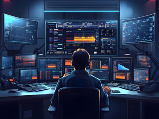 Leinwandbilder - A person monitors multiple screens displaying financial data and analytics in a trading environment.