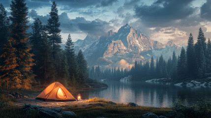 sunset camp tent in forest with mountain landscape. outdoor camping adventure with picnic and hiking