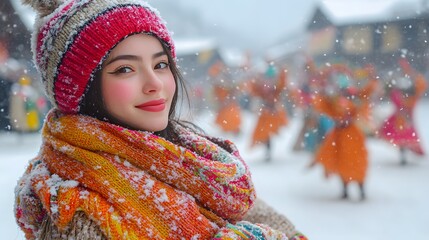 Smiling woman in winter scene with festive background.