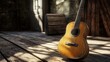 © Galaxyd - Aged acoustic guitar rests on rustic wooden floor in dimly lit room. Sunlight casts shadows on weathered planks.