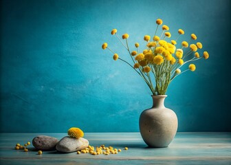 Wall Mural - Minimalist Still Life of a Vase with Yellow Dried Flowers on a Blue Background Surrounded by Stones, Emphasizing Natural Beauty and Serenity in Macro Photography