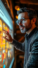 Fototapete - A man interacts with a digital touchscreen displaying various colorful data visualizations.