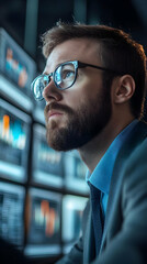 Aufkleber - A focused professional analyzing data on multiple screens in an office setting.