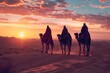 © dony - Three Wise Men Journey at Sunrise Across the Desert Sands: A Majestic Camel Caravan Silhouette Against Vibrant Sky