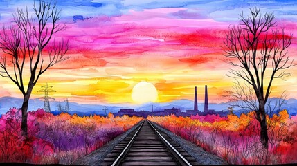 Wall Mural - A vibrant watercolor landscape featuring a sunset over railway tracks, surrounded by colorful foliage and silhouetted trees.