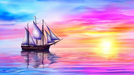 Wall Mural - a serene seascape featuring a sailing ship against a vibrant sunset with colorful reflections on cal