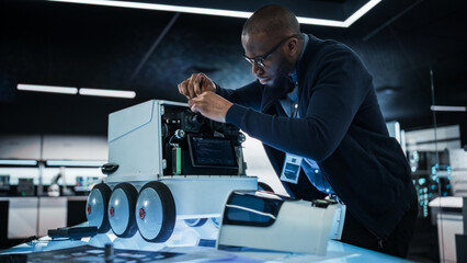 Poster - Portrait of an African Engineer Using a Screwdriver While Developing a Remotely Controlled Delivery Robot. Black Specialist Working in High Tech Research Laboratory with Modern Equipment