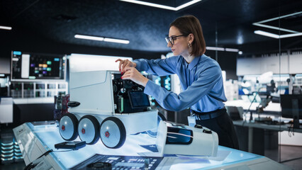 Fototapete - Portrait of a Female Technical Specialist Working in High Tech Research Laboratory with Modern Equipment: Female Adjusting Equipment on a Delivery Robot 