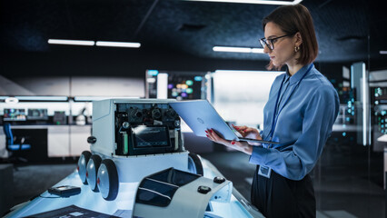 Fototapete - Portrait of a Female Engineer Using a Laptop While Developing a Remotely Controlled Delivery Robot.Technical Specialist Working in High Tech Research Laboratory with Modern Equipment