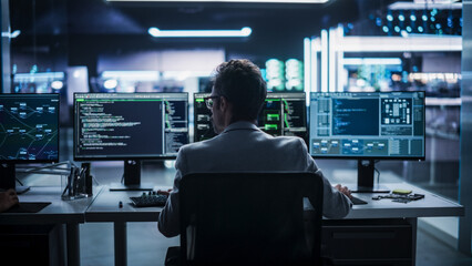 Leinwandbilder - Back View of a Young Engineer Working on Computer in a Technological Office Environment. Male Programmer Writing Software Code for a Blockchain Project, Developing Backend System