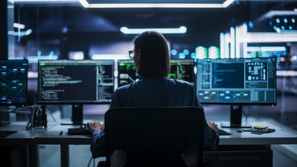 Poster - Back View of Female Telecommunications Manager Working in Research and Development Facility on a Desktop Computer in Modern Office. Focused Software Engineer Updating Server System Database
