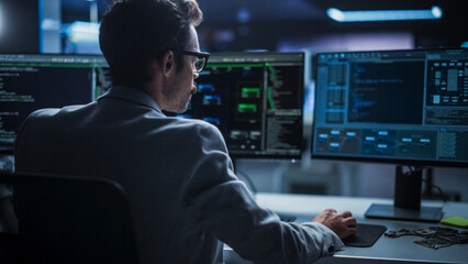 Poster - Portrait of Young Creative Manager Using Desktop Computer, Writing Code for an Innovative Technological Internet Product Launch. Enthusiastic Professional Developer Working in Modern Office 