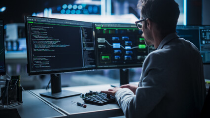 Leinwandbilder - Back View of a Young Engineer Working on Computer in a Technological Office Environment. Male Programmer Writing Software Code for a Blockchain Project, Developing Backend System
