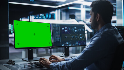 Poster - Professional Male IT Technical Support Specialist and Software Developer Working on Computer with Green Screen Mock-display in Monitoring Control Room. Programmer Fixing Hiccups in Service