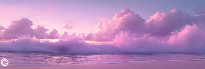 Wall Mural - Pastel Sunset, Ocean Waves Crashing Under Pink Cloudscape