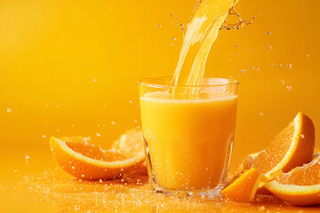 Fresh orange juice being poured into a glass with sliced oranges on an orange background. Citrus beverage and vitamin C concept.