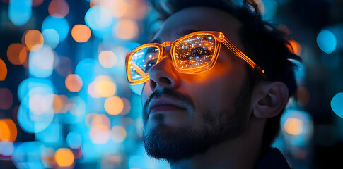 Aufkleber - A man wearing illuminated glasses, reflecting vibrant city lights.