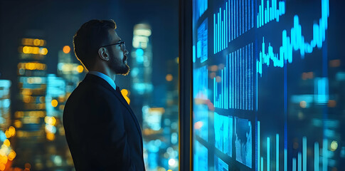 Poster - A businessman analyzes data trends against a city skyline at night.