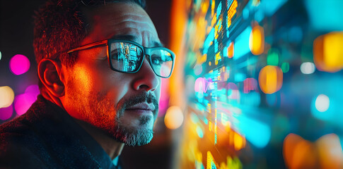 Poster - A focused individual observes vibrant data visualizations in a tech environment.