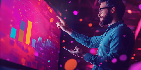 Fototapete - A man analyzes data on a digital screen, showcasing graphs and statistics.