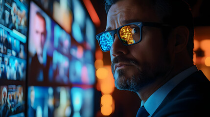 Poster - A man in glasses looks thoughtfully at screens displaying various images and data.