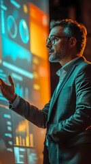 Poster - A professional presenting data insights in front of a digital screen with graphs and charts.