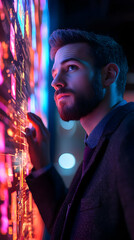 Poster - A man in a suit interacts with a vibrant, illuminated digital display.