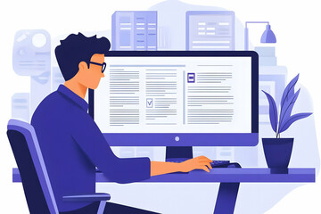 Fototapete - A person working at a computer in a modern office setting.
