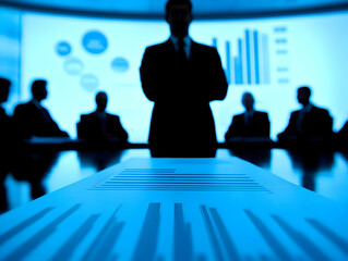 Poster - A business meeting with silhouettes discussing data and strategies.