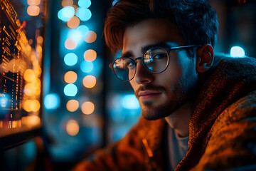 Aufkleber - A young man with glasses gazes thoughtfully, illuminated by colorful lights.