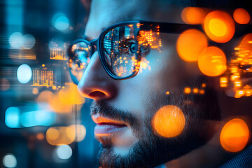 Aufkleber - a close-up of a man with glasses reflecting city lights and digital elements.