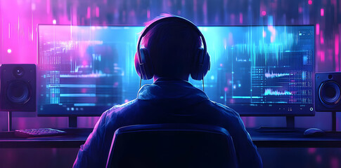 Poster - A person wearing headphones sits in front of dual monitors displaying audio visualizations.