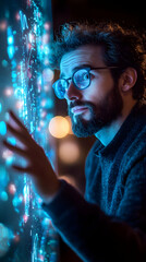 Poster - A man interacts with a digital display, exploring illuminated data in a dark environment.