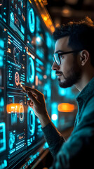 Aufkleber - A man interacts with a futuristic digital interface displaying data and analytics.
