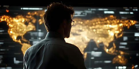 Fototapete - A person observes a glowing world map on a digital screen, suggesting analysis or strategy.