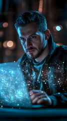 Poster - A focused man working on a laptop with a digital, starry effect surrounding him.