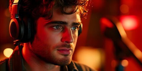 Poster - A young man wearing headphones, focused, illuminated by warm lighting.