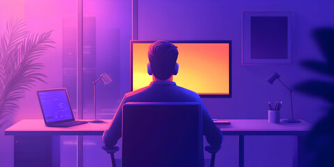 Poster - A person sitting at a desk, facing a glowing screen in a modern workspace.