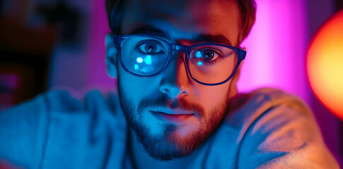 Aufkleber - A close-up portrait of a young man with glasses, illuminated by colorful lights.