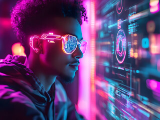 Fototapete - A person wearing futuristic glasses interacts with a digital interface filled with neon graphics.